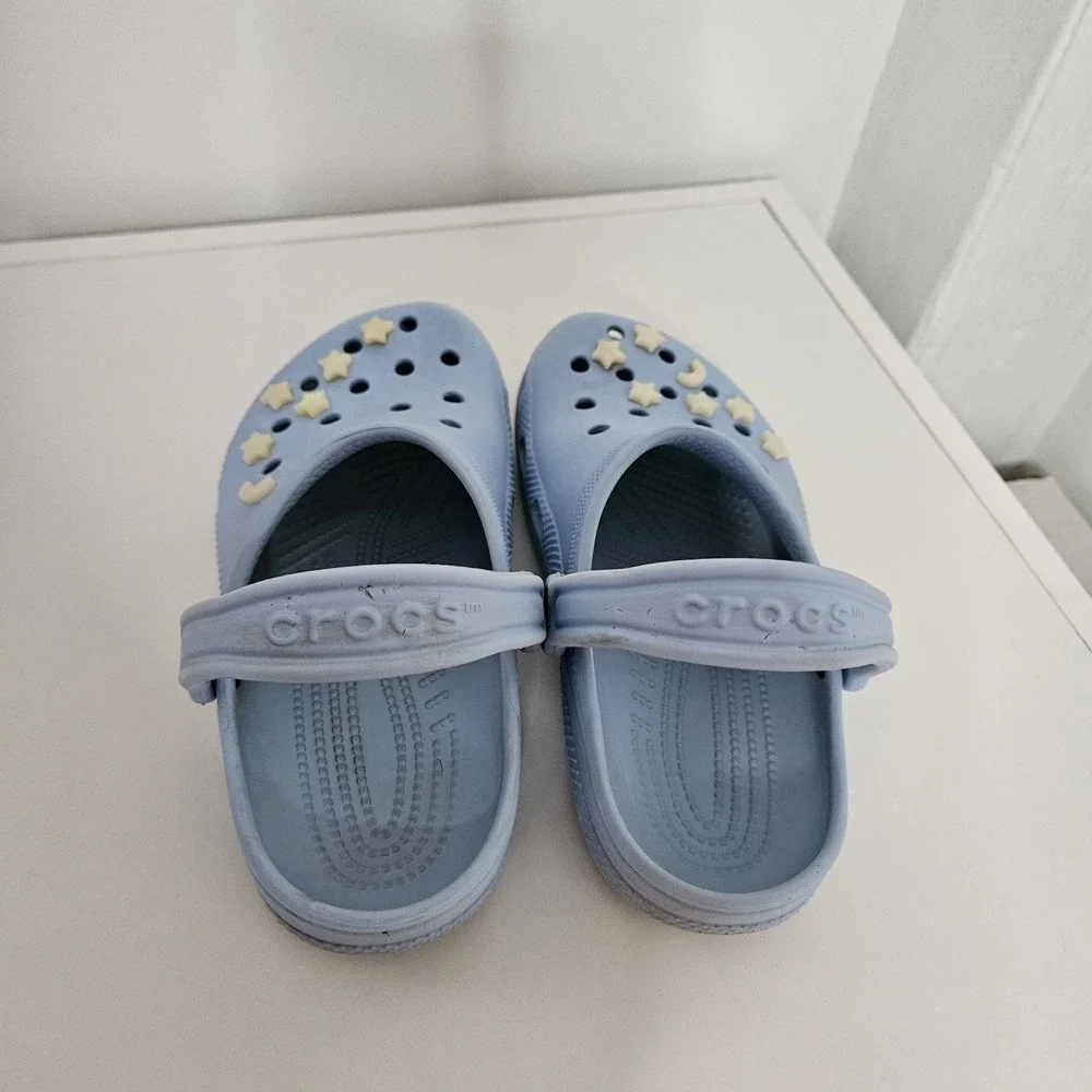 CROCS Kids Light Blue Clog Sandals with Cream Star & Moon Charms